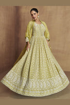Yellow Green Georgette Anarkali Suit For Indian & Pakistani Wedding Festival - Sequins & Thread Embroidery Work, Real Mirror Work