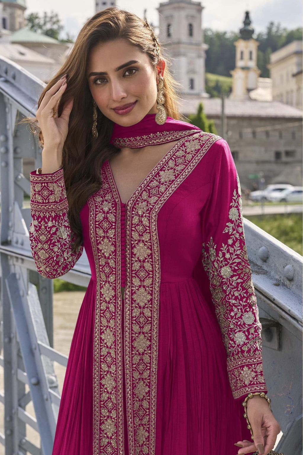 Pink Chinon Silk Front Slit Anarkali With Pent For Indian & Pakistani Wedding Festival - Sequins & Thread Embroidery Work