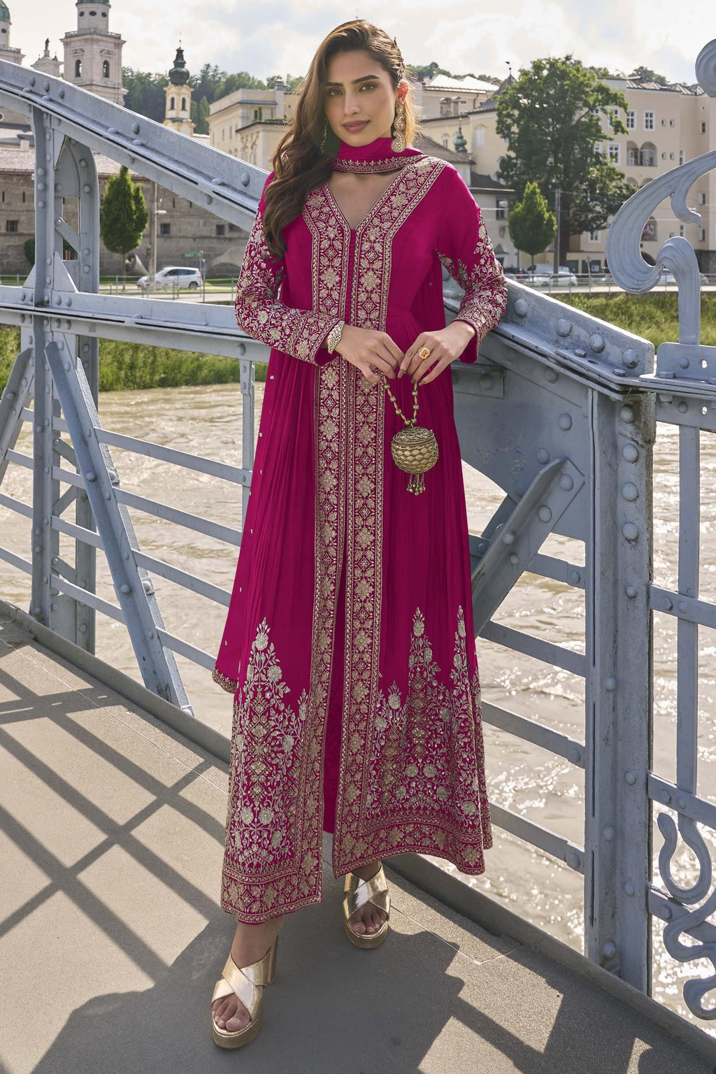 Pink Chinon Silk Front Slit Anarkali With Pent For Indian & Pakistani Wedding Festival - Sequins & Thread Embroidery Work