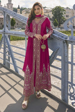 Pink Chinon Silk Front Slit Anarkali With Pent For Indian & Pakistani Wedding Festival - Sequins & Thread Embroidery Work