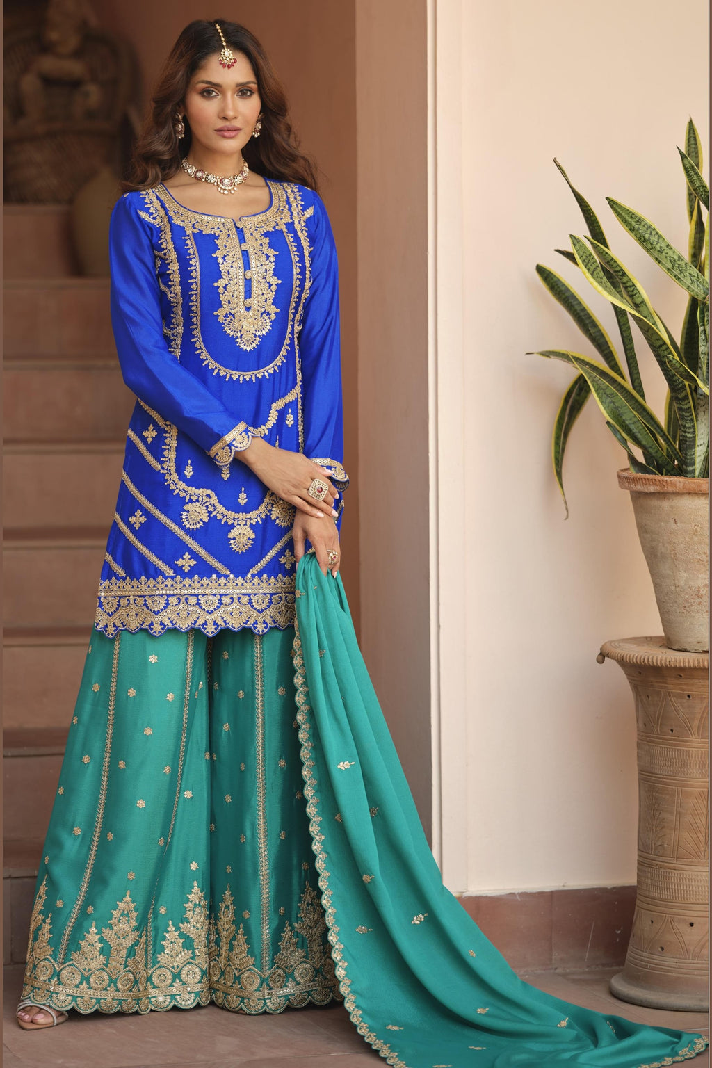Royal Blue Chinon Silk Plazo Suit For Indian & Pakistani Wedding Festival - Dori Work, Sequence Embroidery Work