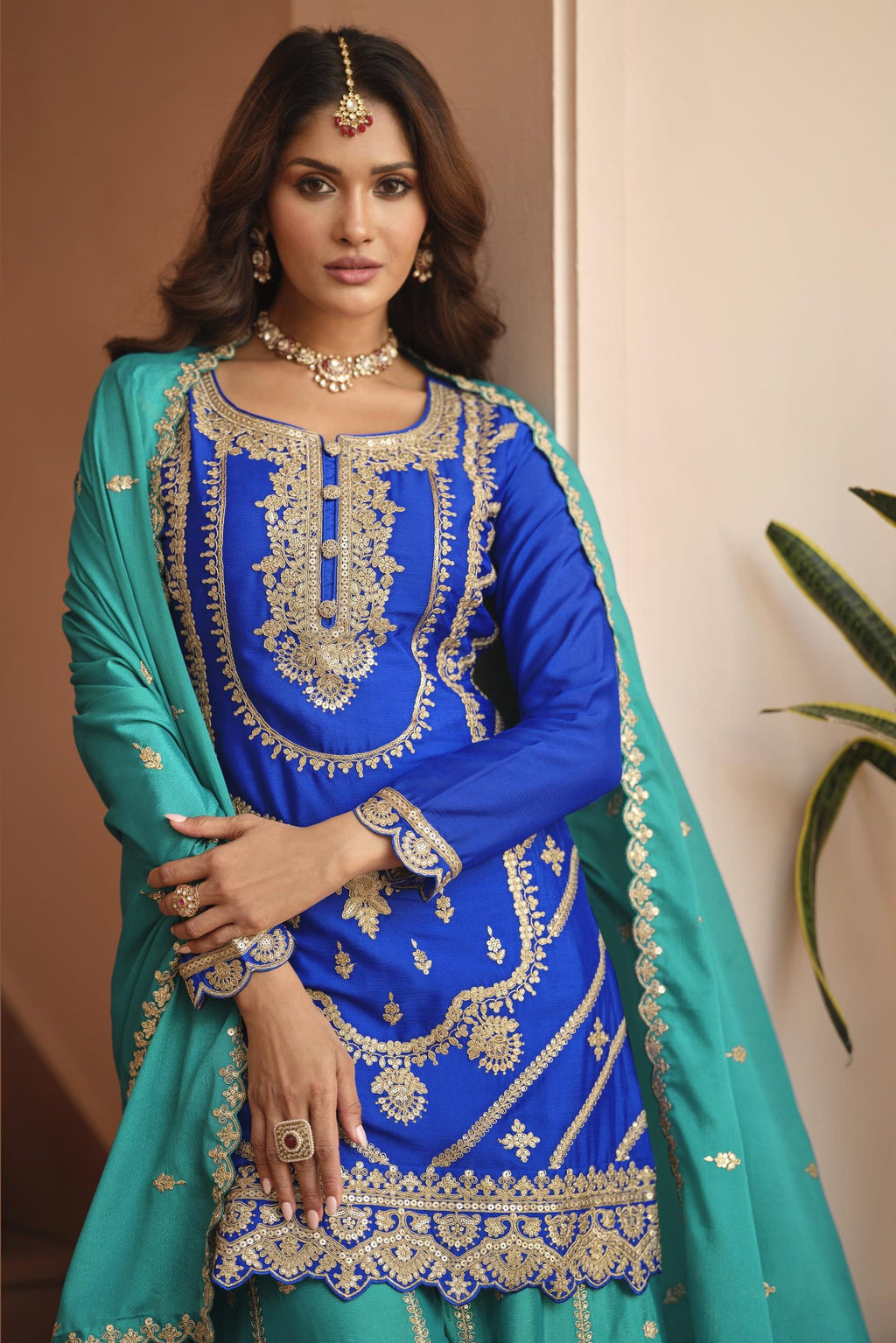 Royal Blue Chinon Silk Plazo Suit For Indian & Pakistani Wedding Festival - Dori Work, Sequence Embroidery Work