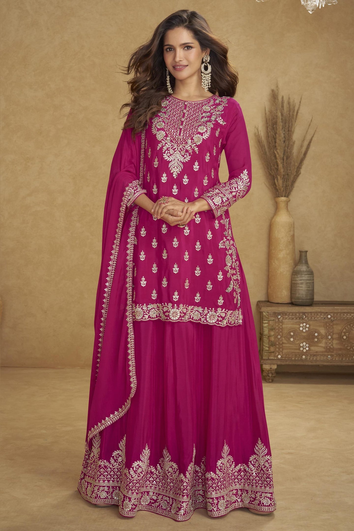 Pink Chinon Silk Plazo Suit For Indian & Pakistani Wedding Festival - Thread & Sequins Embroidery Work