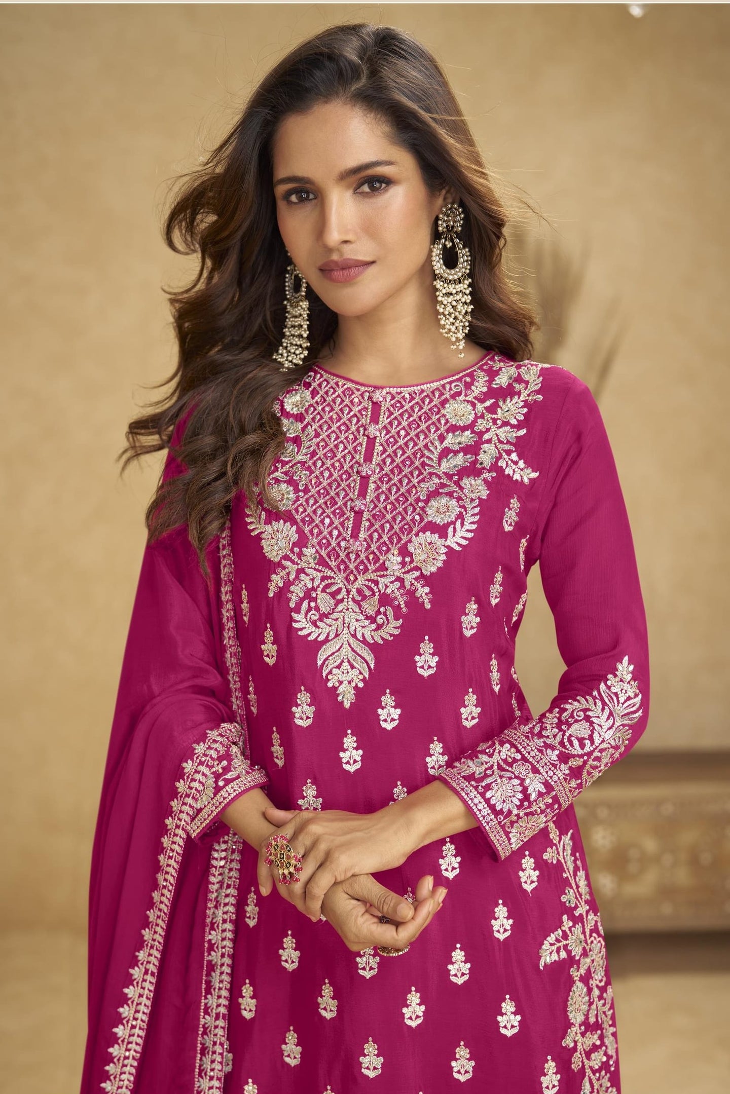 Pink Chinon Silk Plazo Suit For Indian & Pakistani Wedding Festival - Thread & Sequins Embroidery Work