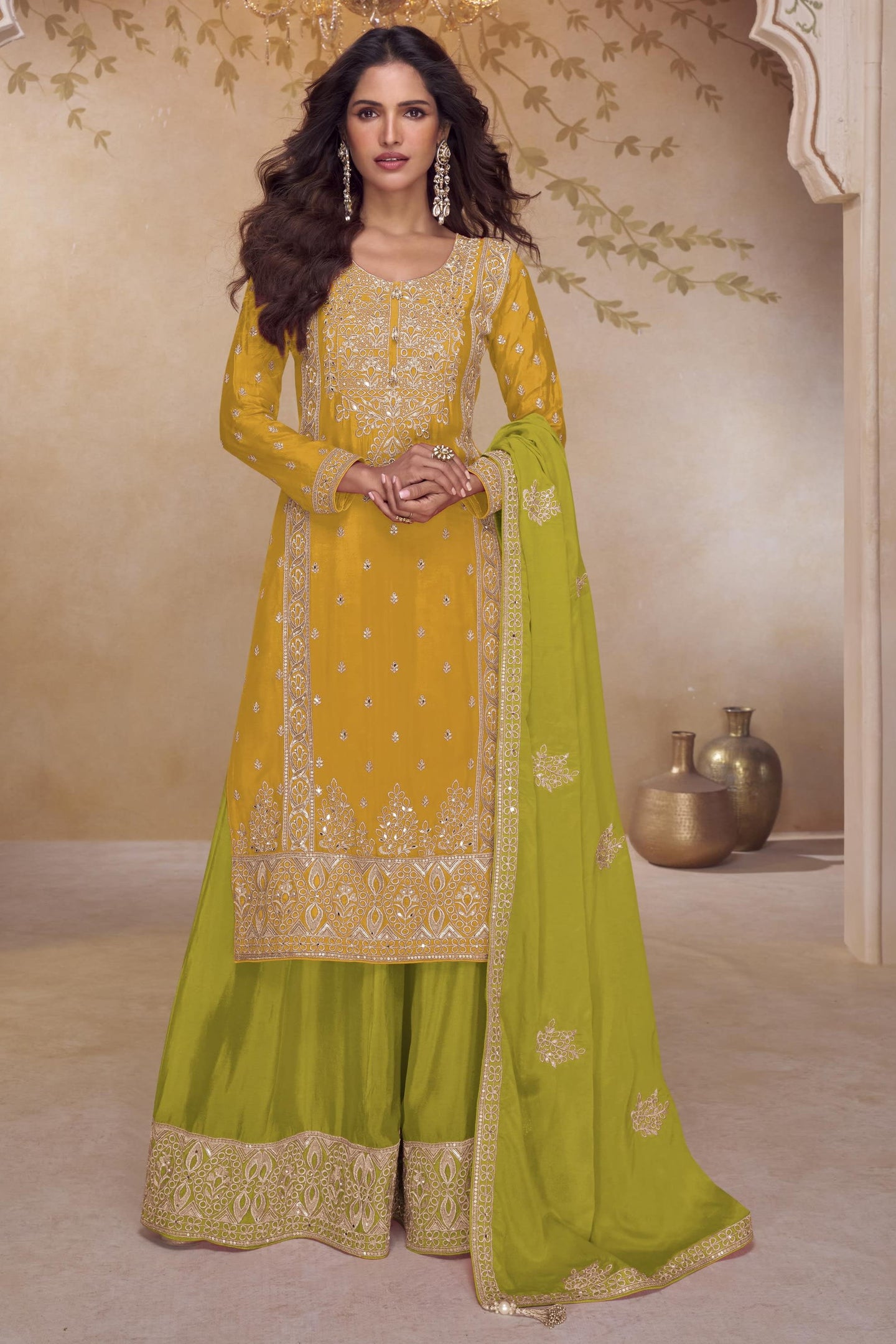 Yellow Chinon Silk Palazzo Dress For Indian & Pakistani Wedding Festival - Thread & Sequins Embroidery Work