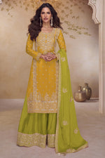 Yellow Chinon Silk Palazzo Dress For Indian & Pakistani Wedding Festival - Thread & Sequins Embroidery Work