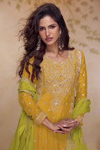 Yellow Chinon Silk Palazzo Dress For Indian & Pakistani Wedding Festival - Thread & Sequins Embroidery Work