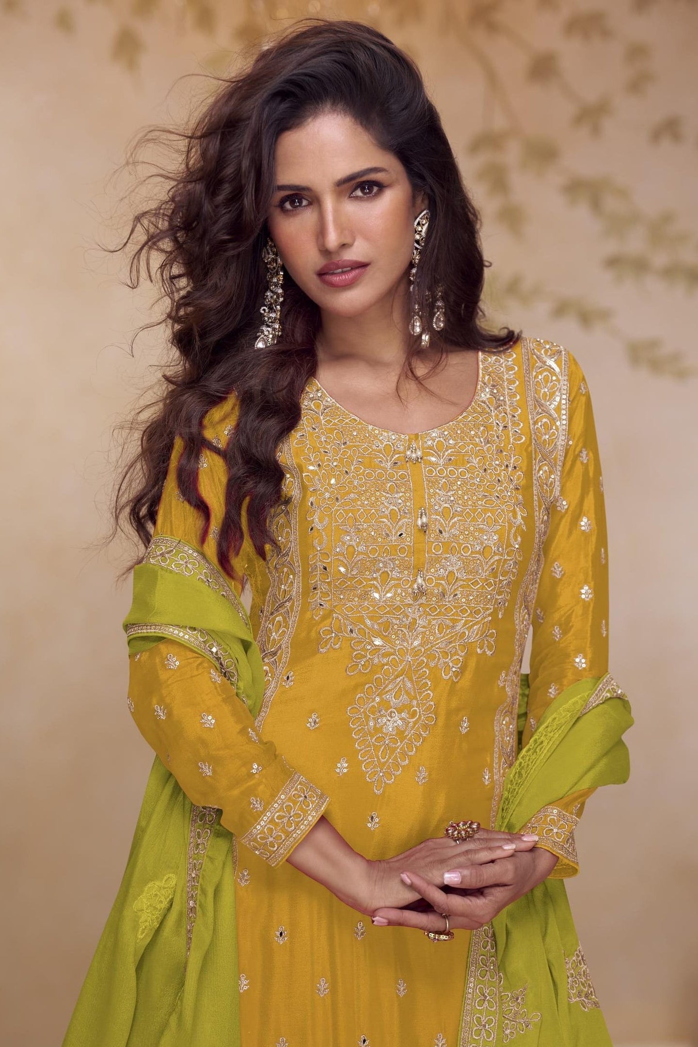 Yellow Chinon Silk Palazzo Dress For Indian & Pakistani Wedding Festival - Thread & Sequins Embroidery Work