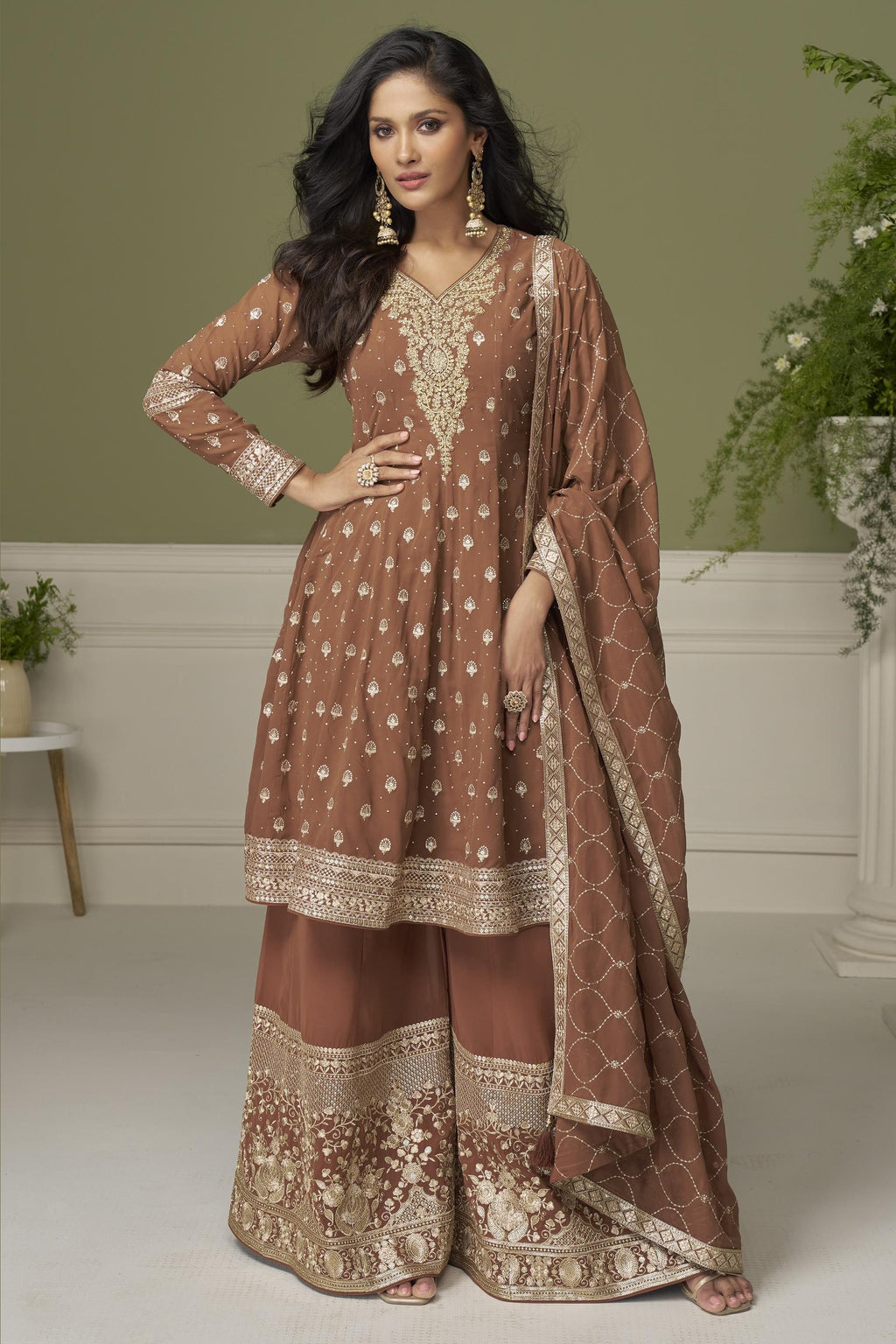 Brown Georgette Kameez With Palazzo For Indian & Pakistani Wedding Festival - Thread & Sequins Embroidery Work, Swarovski Work