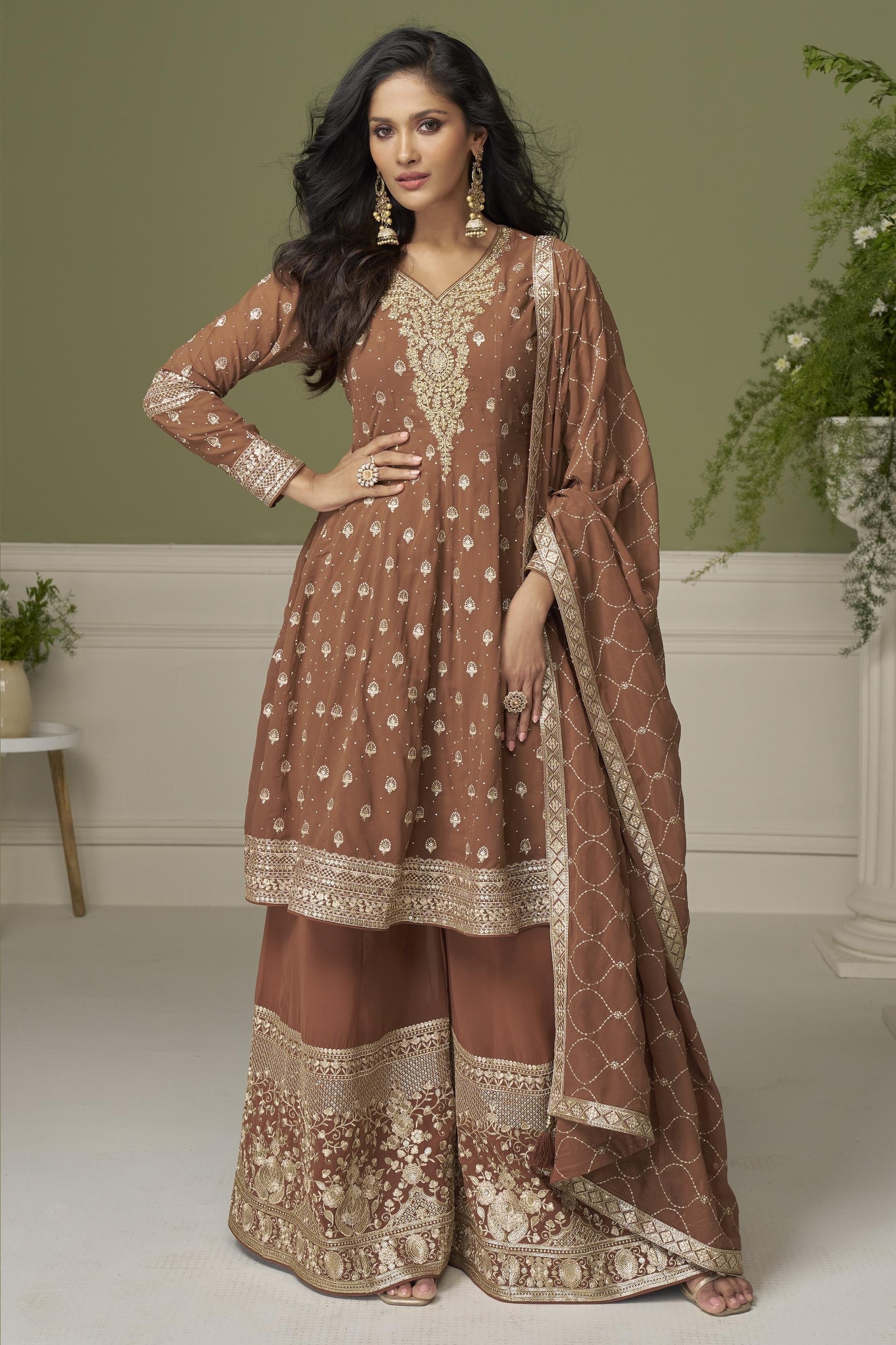 Brown Georgette Kameez With Palazzo For Indian & Pakistani Wedding Festival - Thread & Sequins Embroidery Work, Swarovski Work