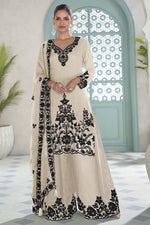 Cream Chinon Silk Palazzo Suit For Indian & Pakistani Wedding Festival - Thread & Sequins Embroidery Work