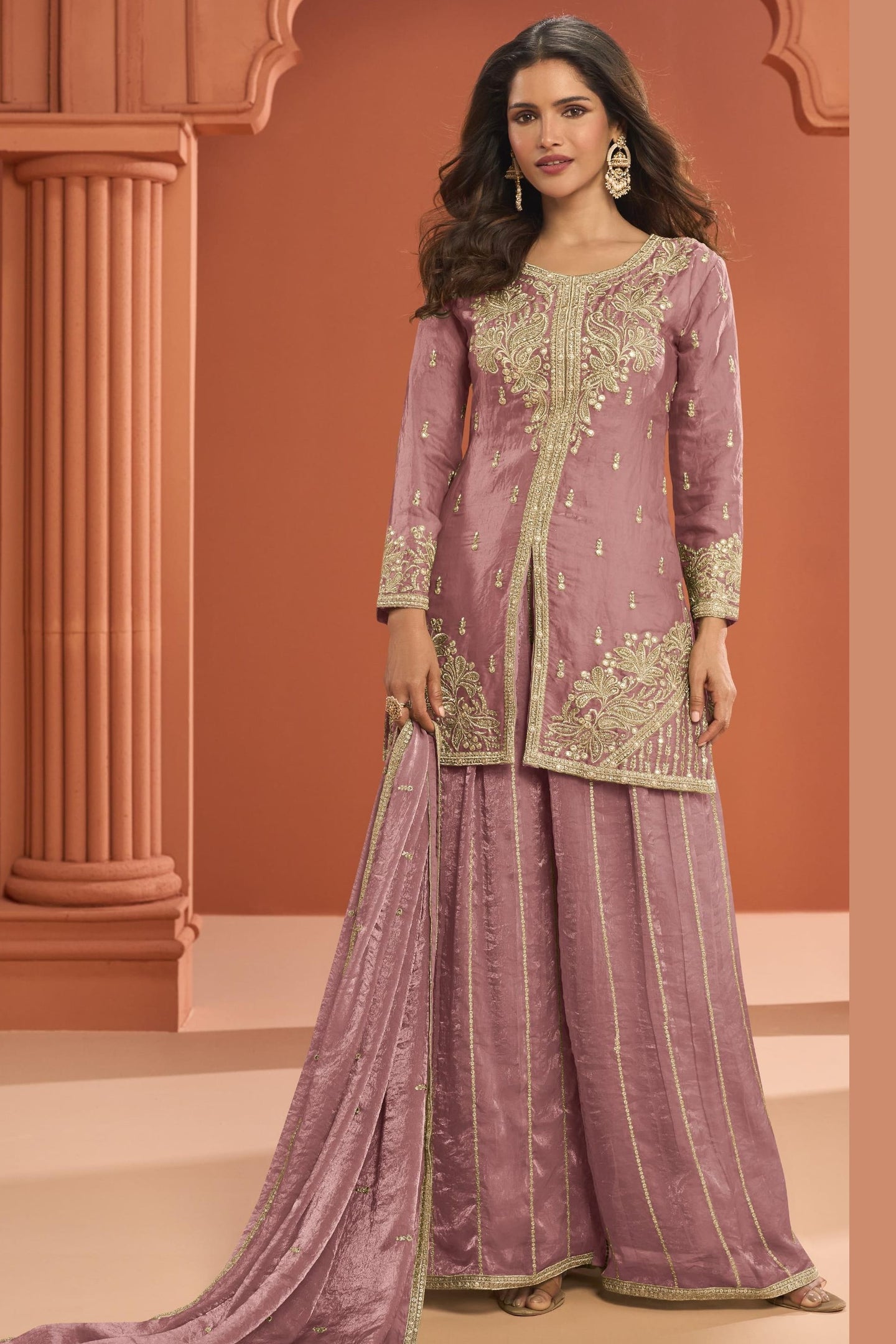 Pink Fandy Silk Plazo Suit For Indian & Pakistani Wedding Festival - Thread Embroidery Work