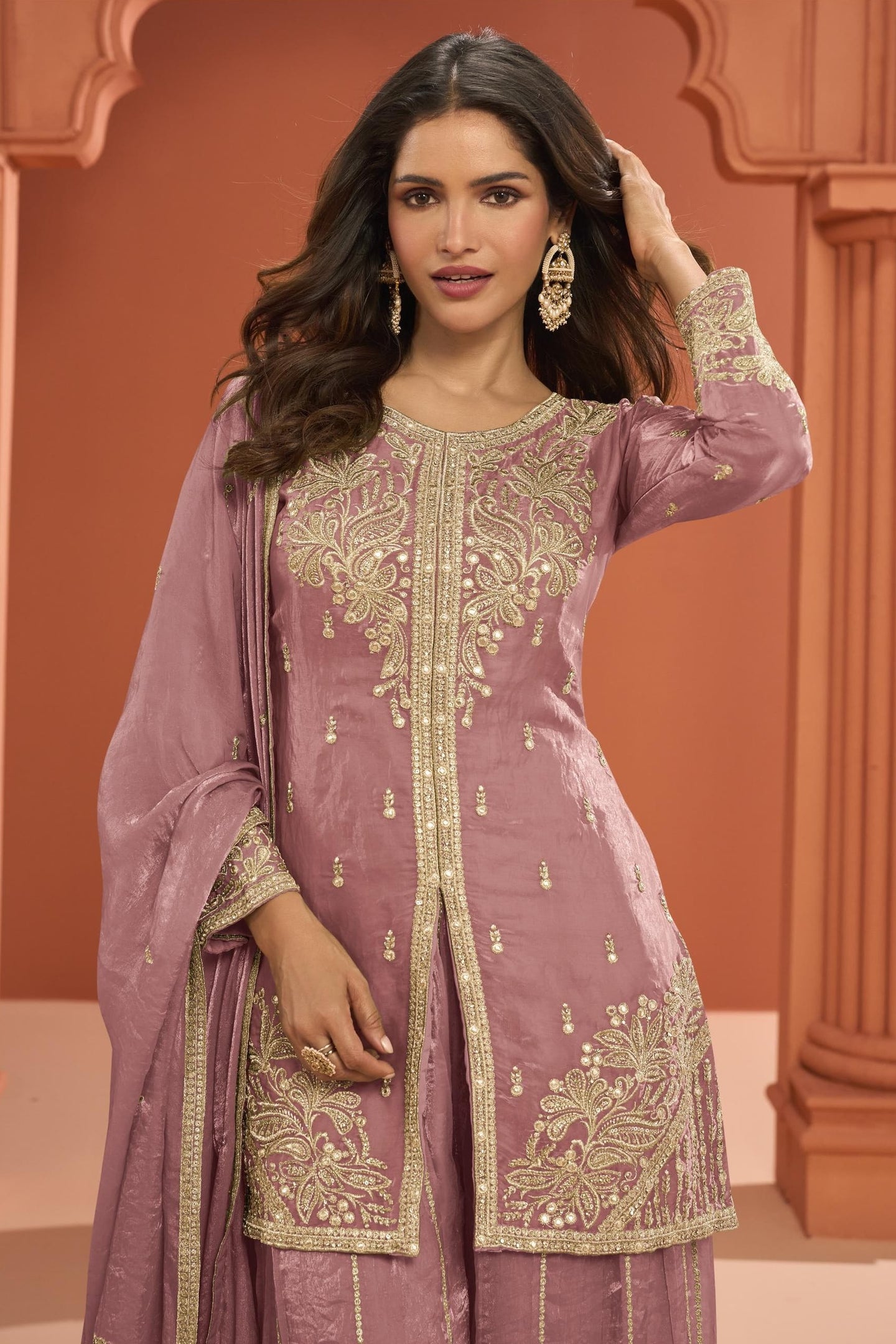 Pink Fandy Silk Plazo Suit For Indian & Pakistani Wedding Festival - Thread Embroidery Work