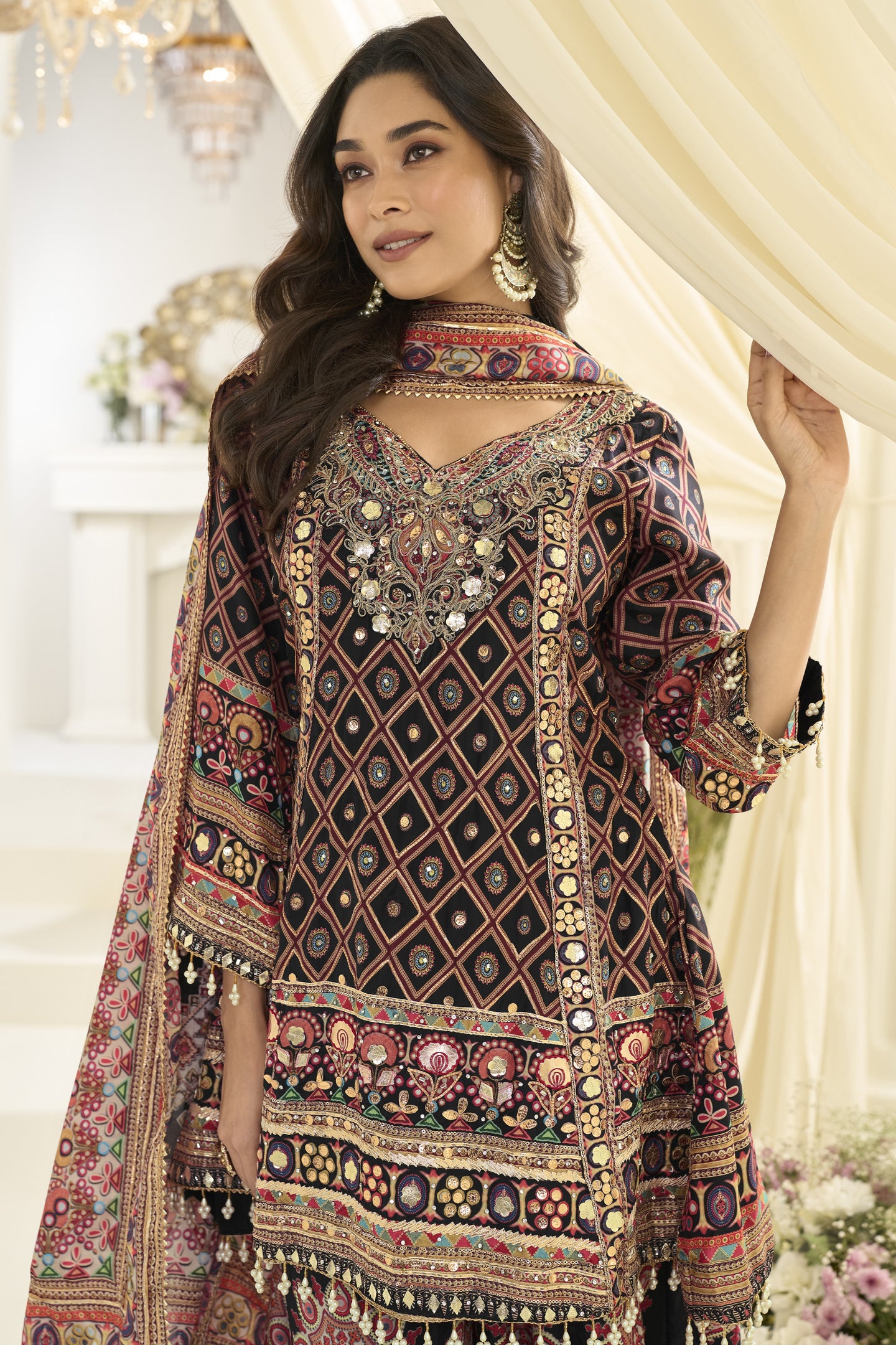 Black Pakistani Traditional Outfit Plazo Suit with Aari, Gota Patti & Print Work