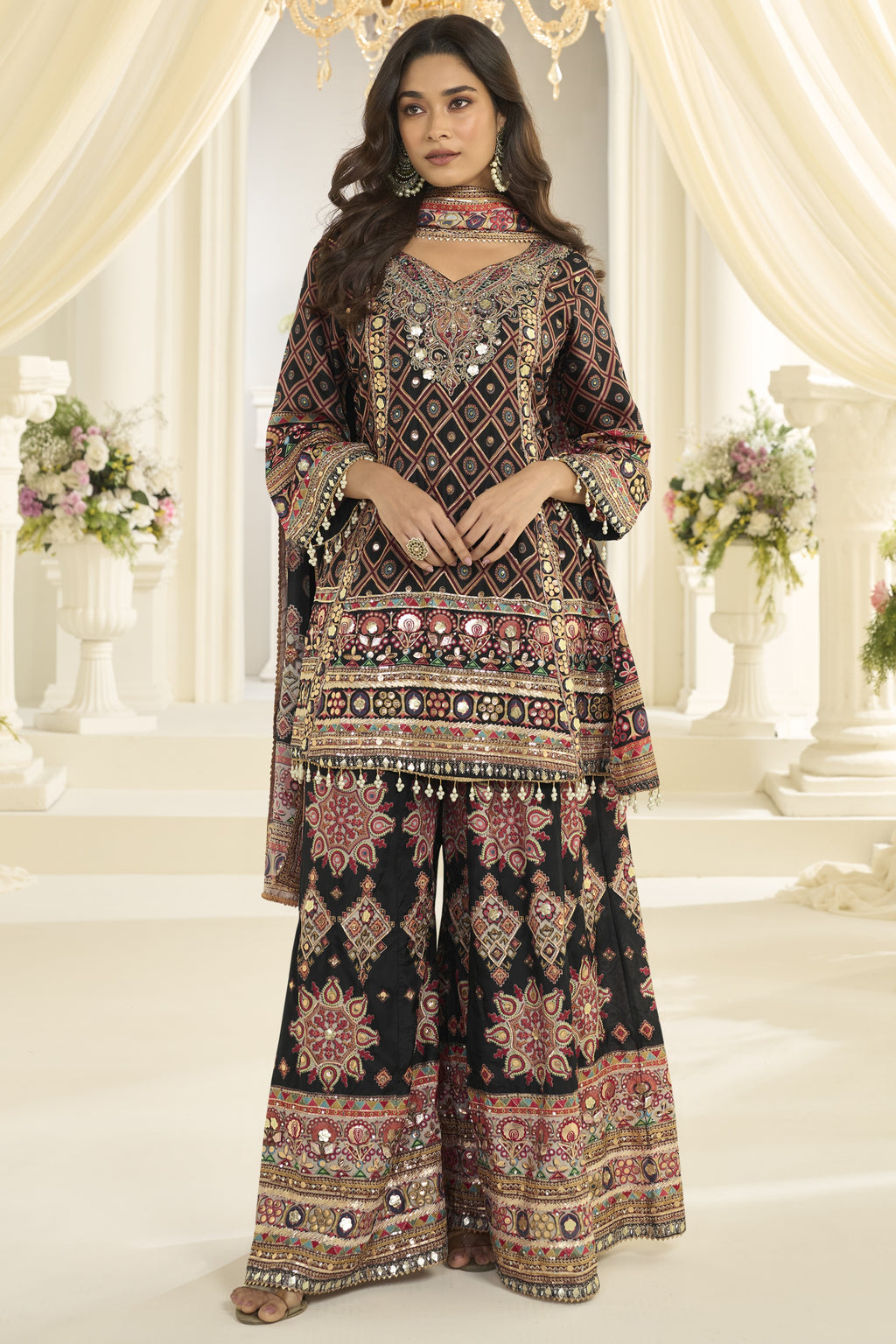 Black Pakistani Traditional Outfit Plazo Suit with Aari and Gota Patti Work
