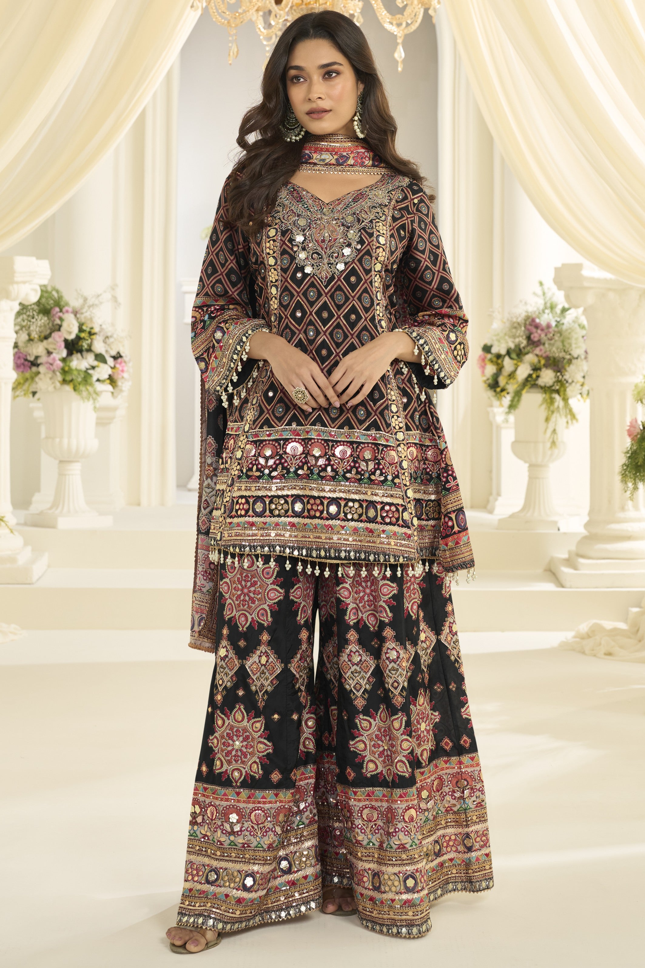Black Pakistani Traditional Outfit Plazo Suit with Aari and Gota Patti Work