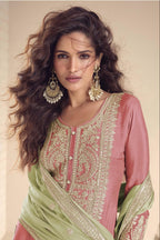 Pink Designer Plazo Suit in Chinon Silk with Dori Embroidery Work