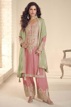 Pink Designer Plazo Suit in Chinon Silk with Dori Embroidery Work