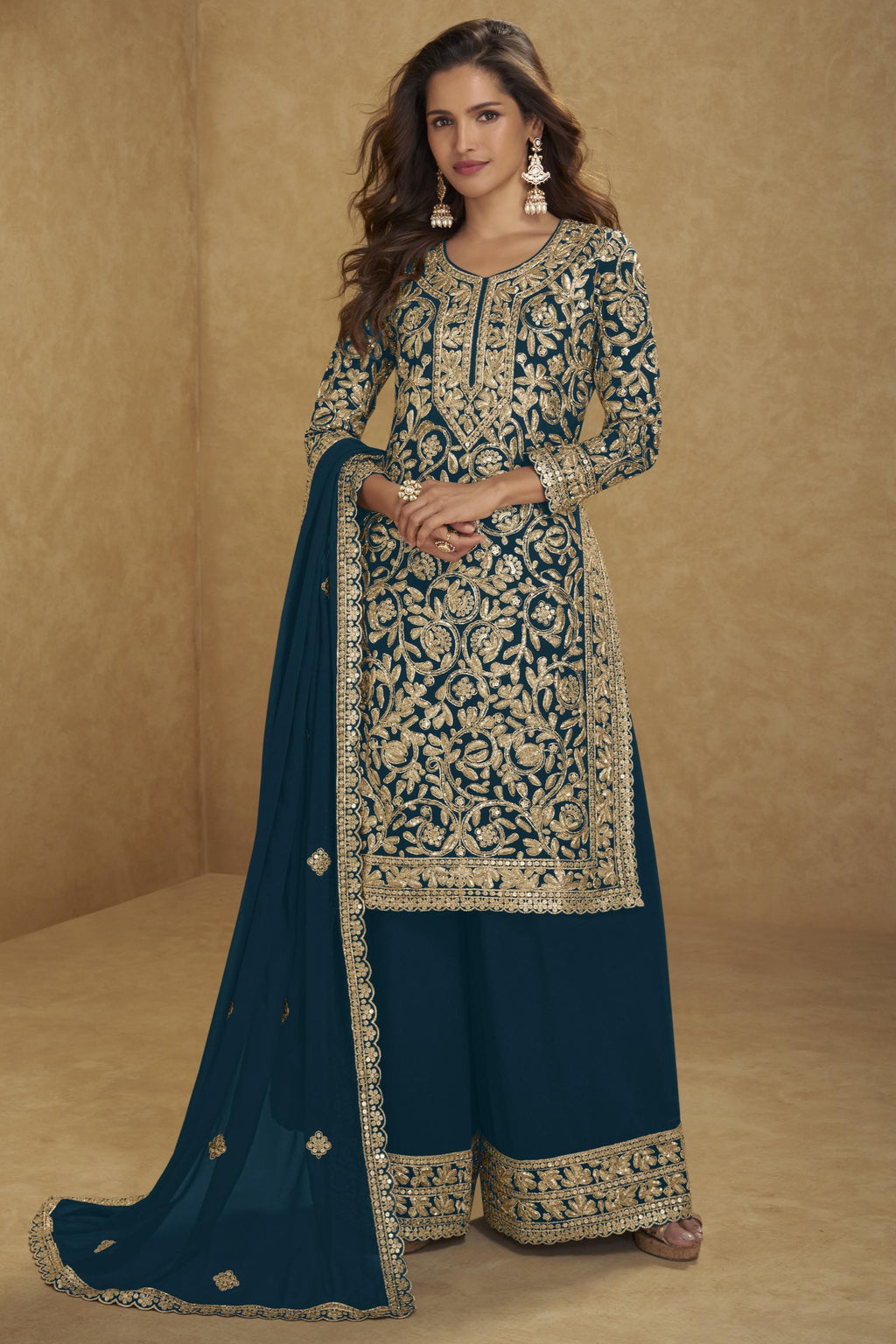 Embroidered Suit for Womens | Teal Georgette Sequin Plazo Set