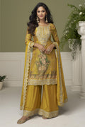 Mustard Yellow Palazo Suit for Haldi in Chinon Silk with Print & Thread Sequins Embroidery