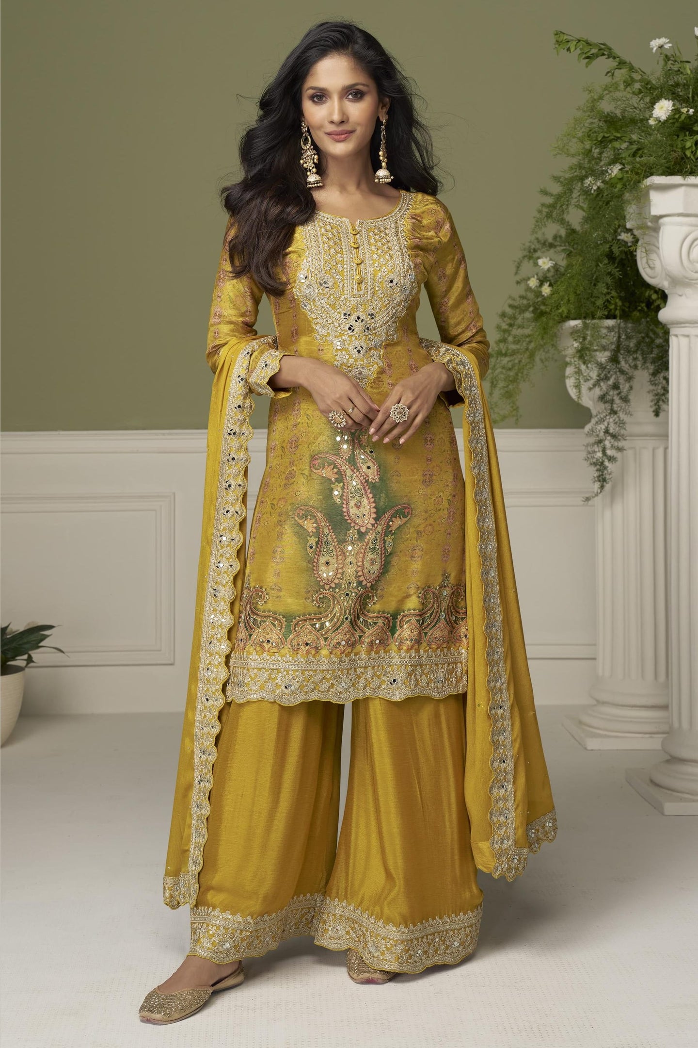 Mustard Yellow Palazo Suit for Haldi in Chinon Silk with Print & Thread Sequins Embroidery