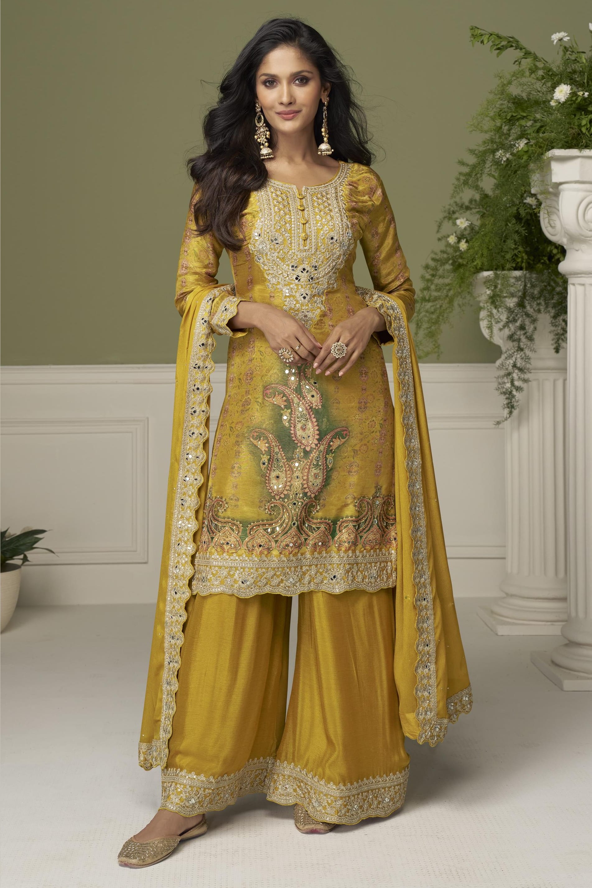 Mustard Yellow Palazo Suit for Haldi in Chinon Silk with Print & Thread Sequins Embroidery