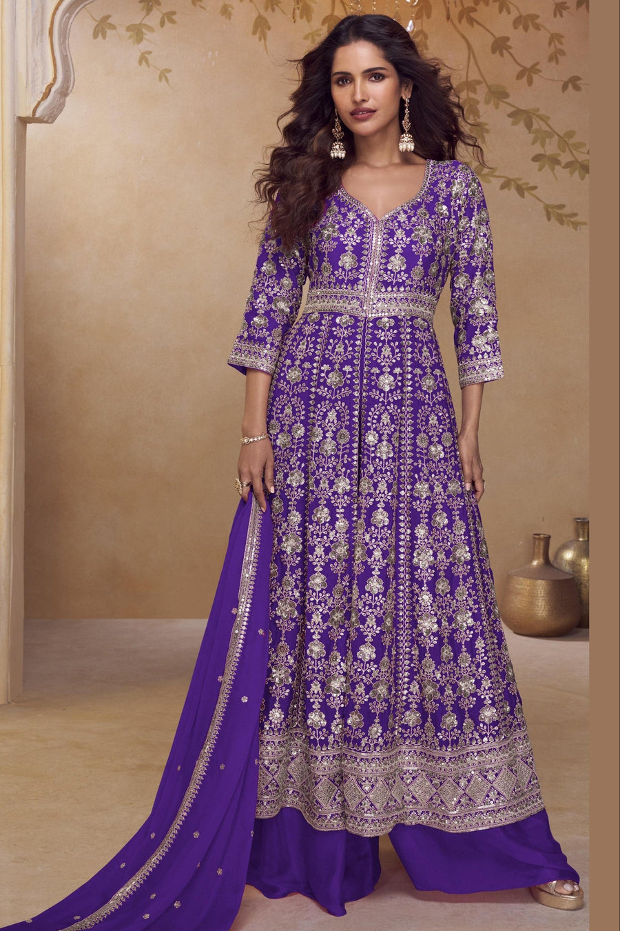 Blue India Wedding Gowns Chinon Silk Anarkali Suit Palazzo