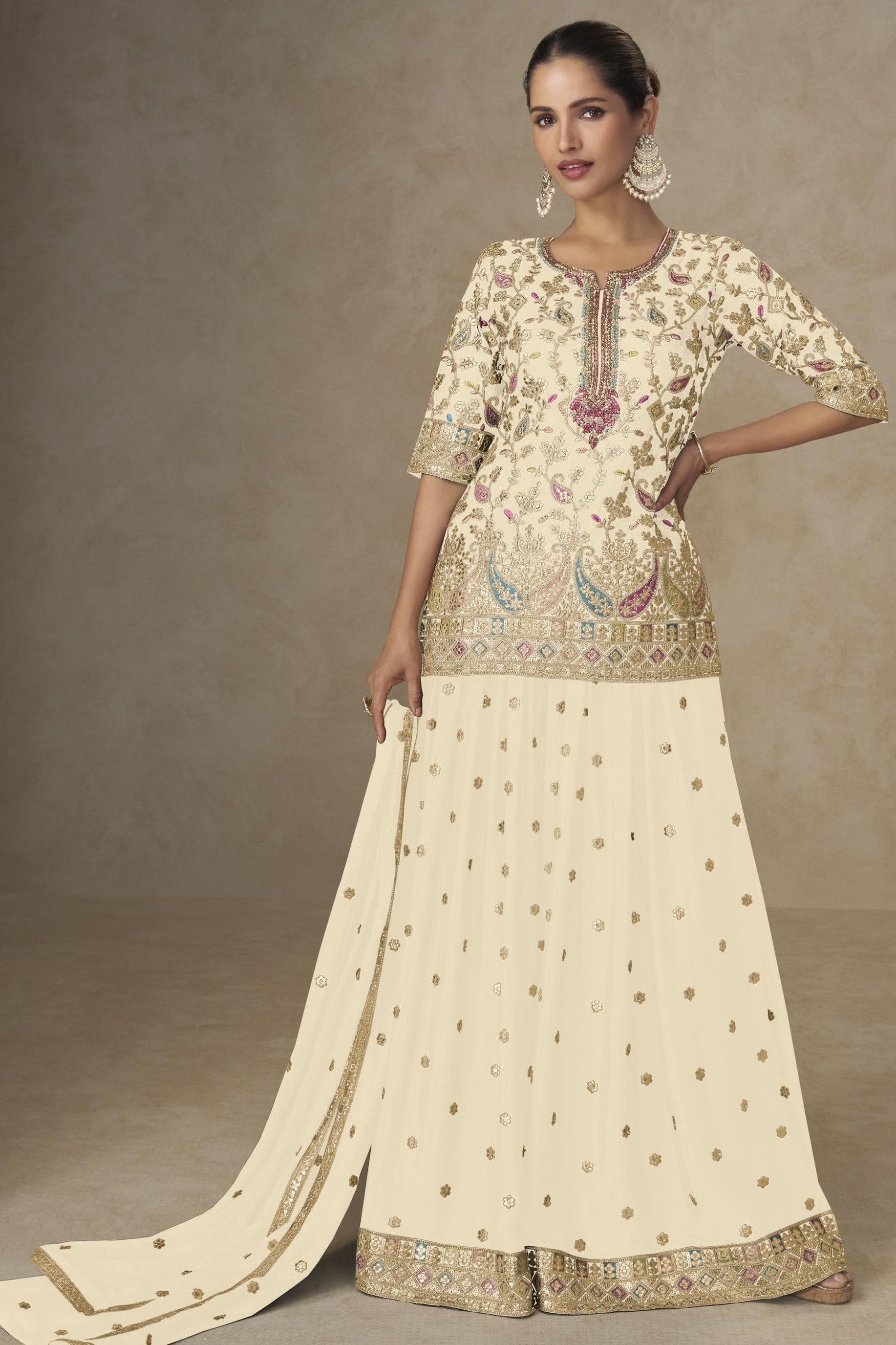 Cream Chinon Silk Palazzo Suit For Indian & Pakistani Wedding Festival - Sequins & Thread Embroidery Work