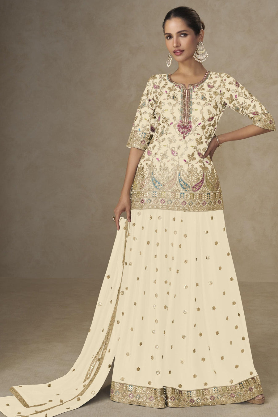 Cream Chinon Silk Palazzo Suit For Indian & Pakistani Wedding Festival - Sequins & Thread Embroidery Work