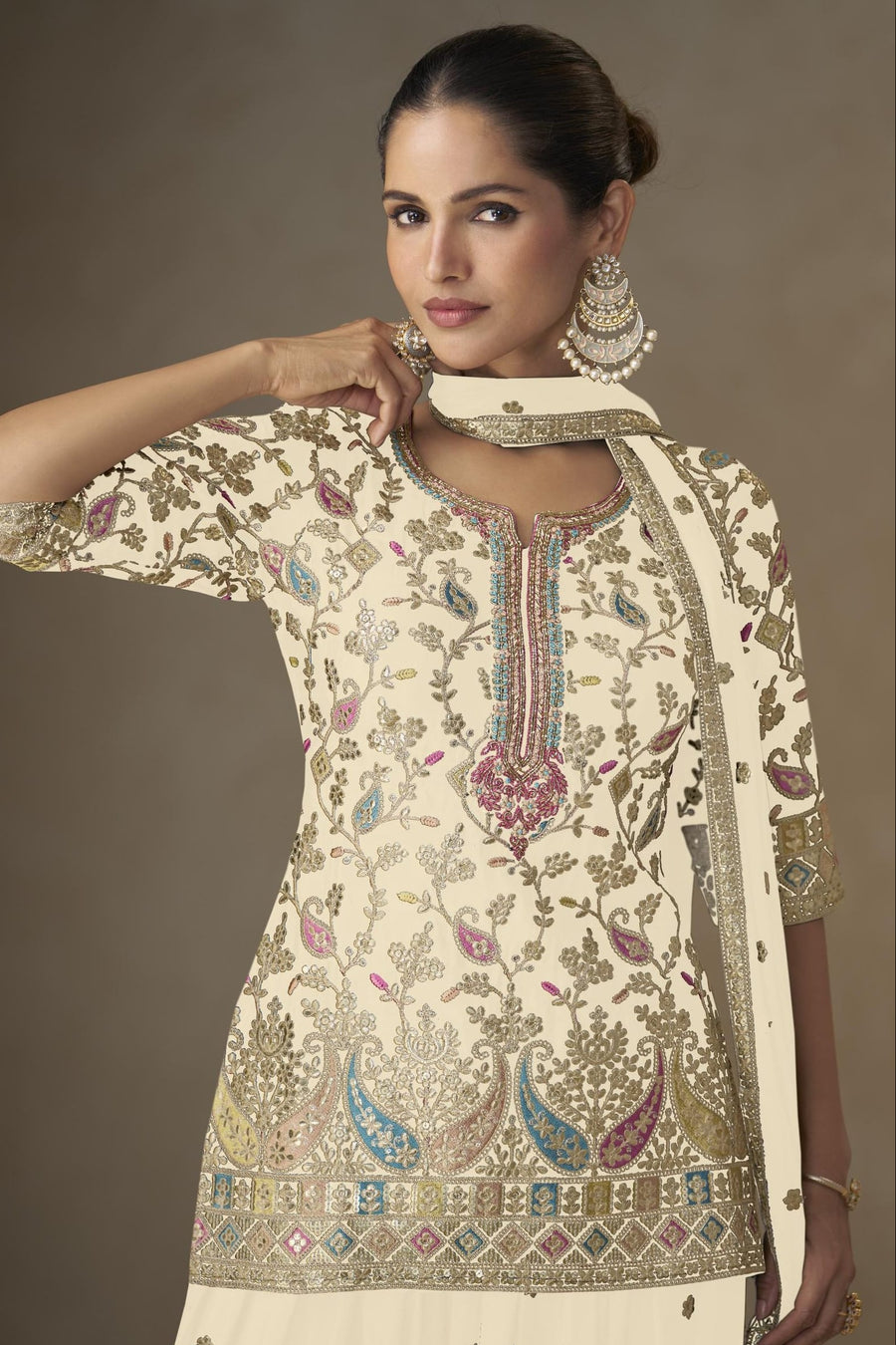 Cream Chinon Silk Palazzo Suit For Indian & Pakistani Wedding Festival - Sequins & Thread Embroidery Work