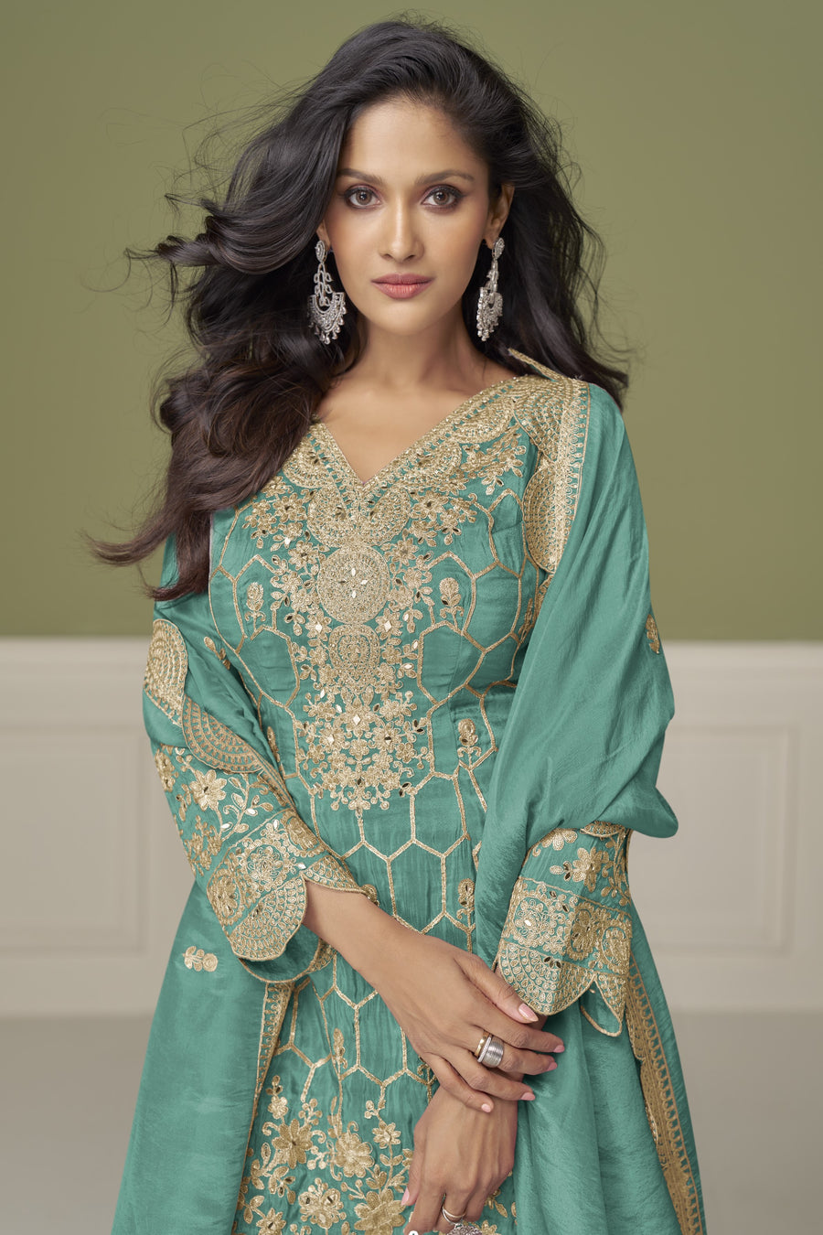 Sky Blue Simmer Silk Kameez With Sharara Suit For Indian & Pakistani Wedding Festival - Embroidery Work