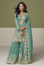 Sky Blue Simmer Silk Kameez With Sharara Suit For Indian & Pakistani Wedding Festival - Embroidery Work