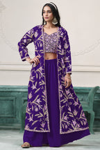 Purple Georgette Palazzo with Choli & Jacket For Wedding & Indian Festival - Embroidery Work