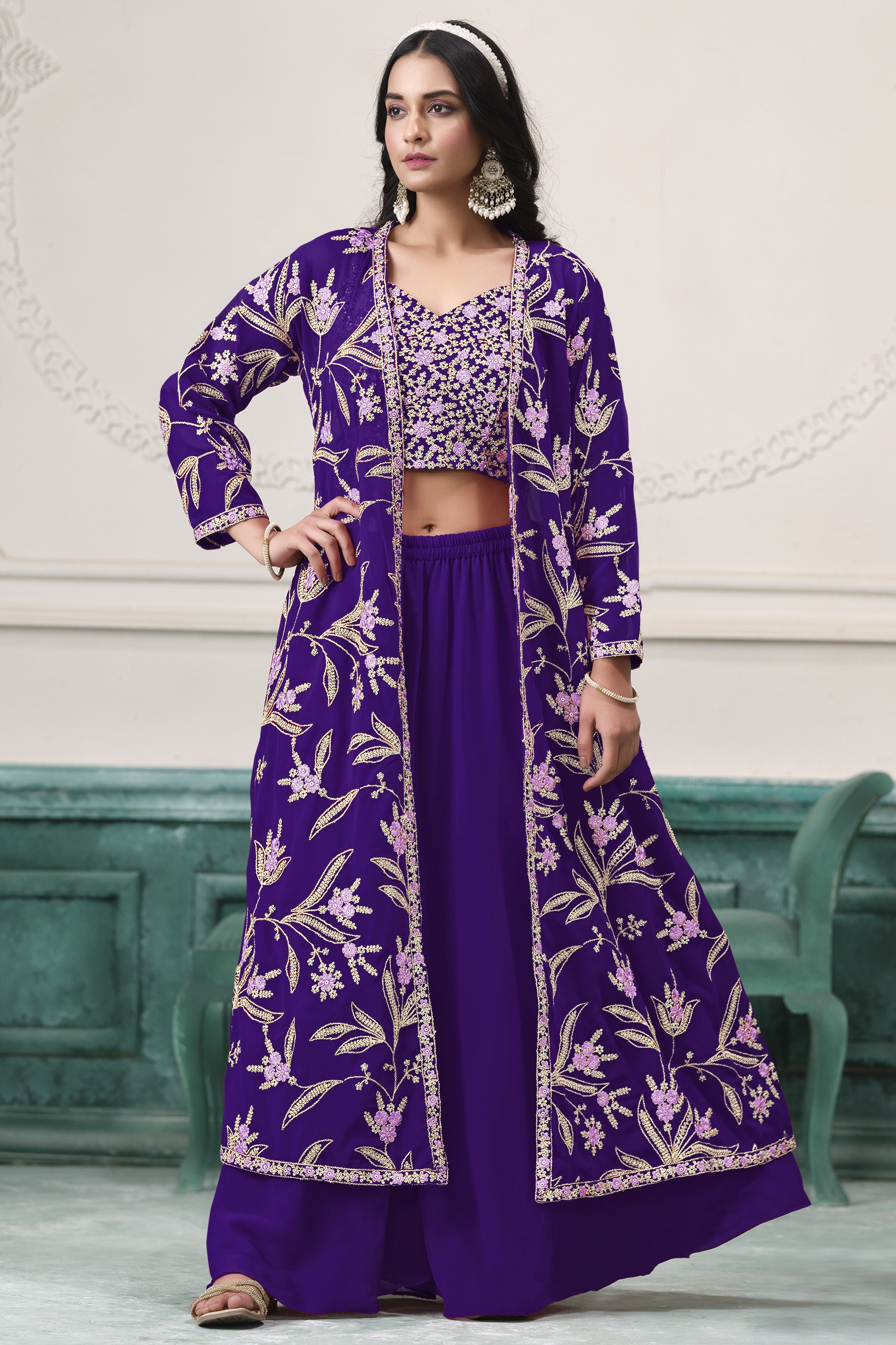 Purple Georgette Palazzo with Choli & Jacket For Wedding & Indian Festival - Embroidery Work