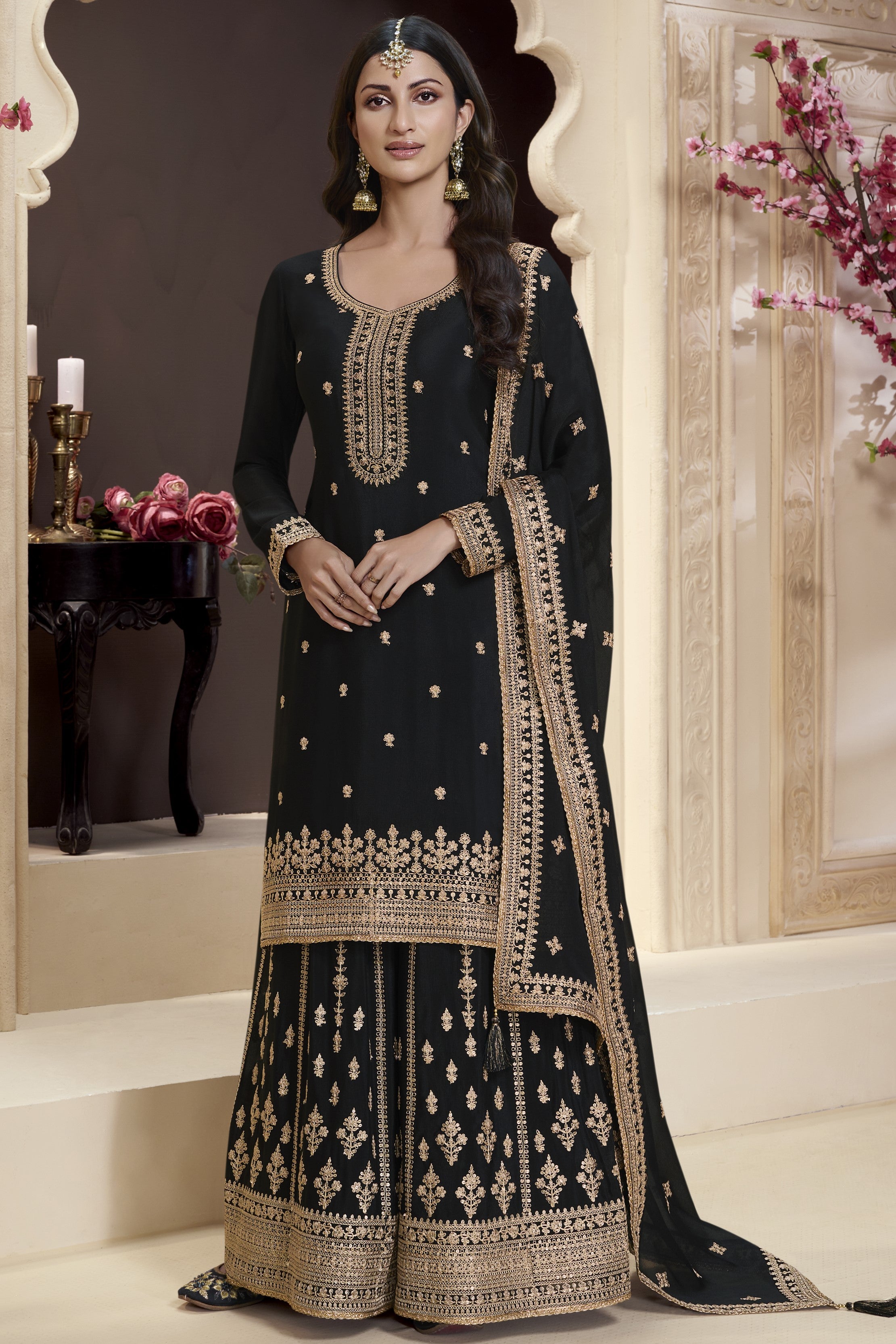 Black Chinon Silk Palazzo Suit For Indian Wedding & Pakistani Festival - Embroidery Work