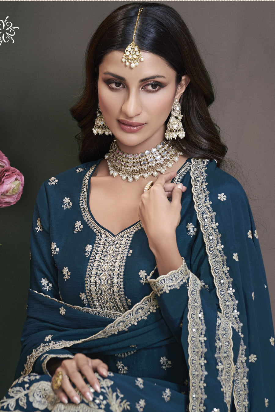 Teal Chinon Silk Sharara Kameez Suit for Pakistani & Indian Festival - Embroidery Work