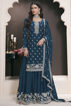 Teal Chinon Silk Sharara Kameez Suit for Pakistani & Indian Festival - Embroidery Work