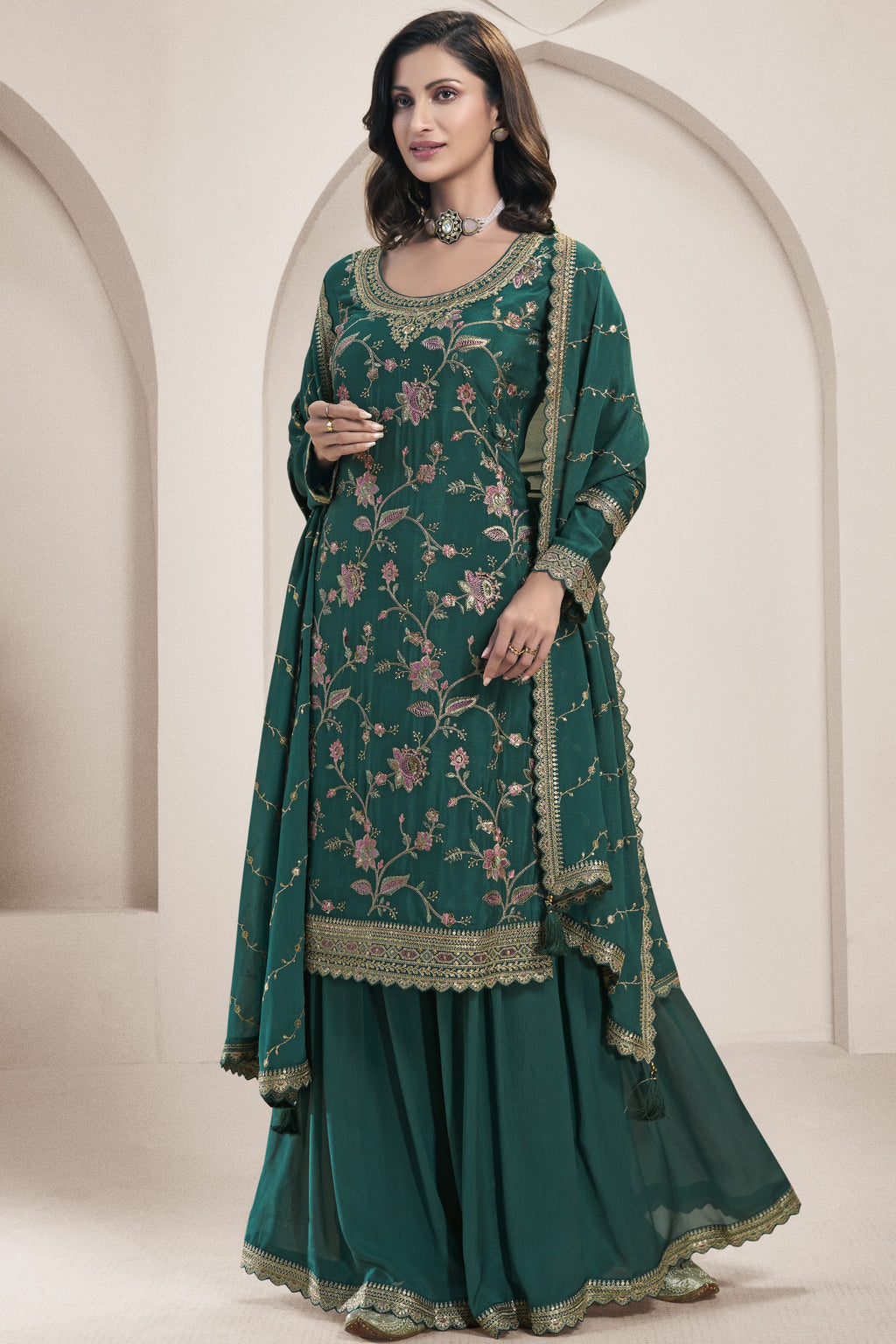 Dark Green Chinon Silk Palazzo Suit For Indian Wedding & Pakistani Festival - Embroidery Work