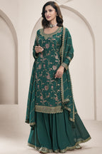 Dark Green Chinon Silk Palazzo Suit For Indian Wedding & Pakistani Festival - Embroidery Work