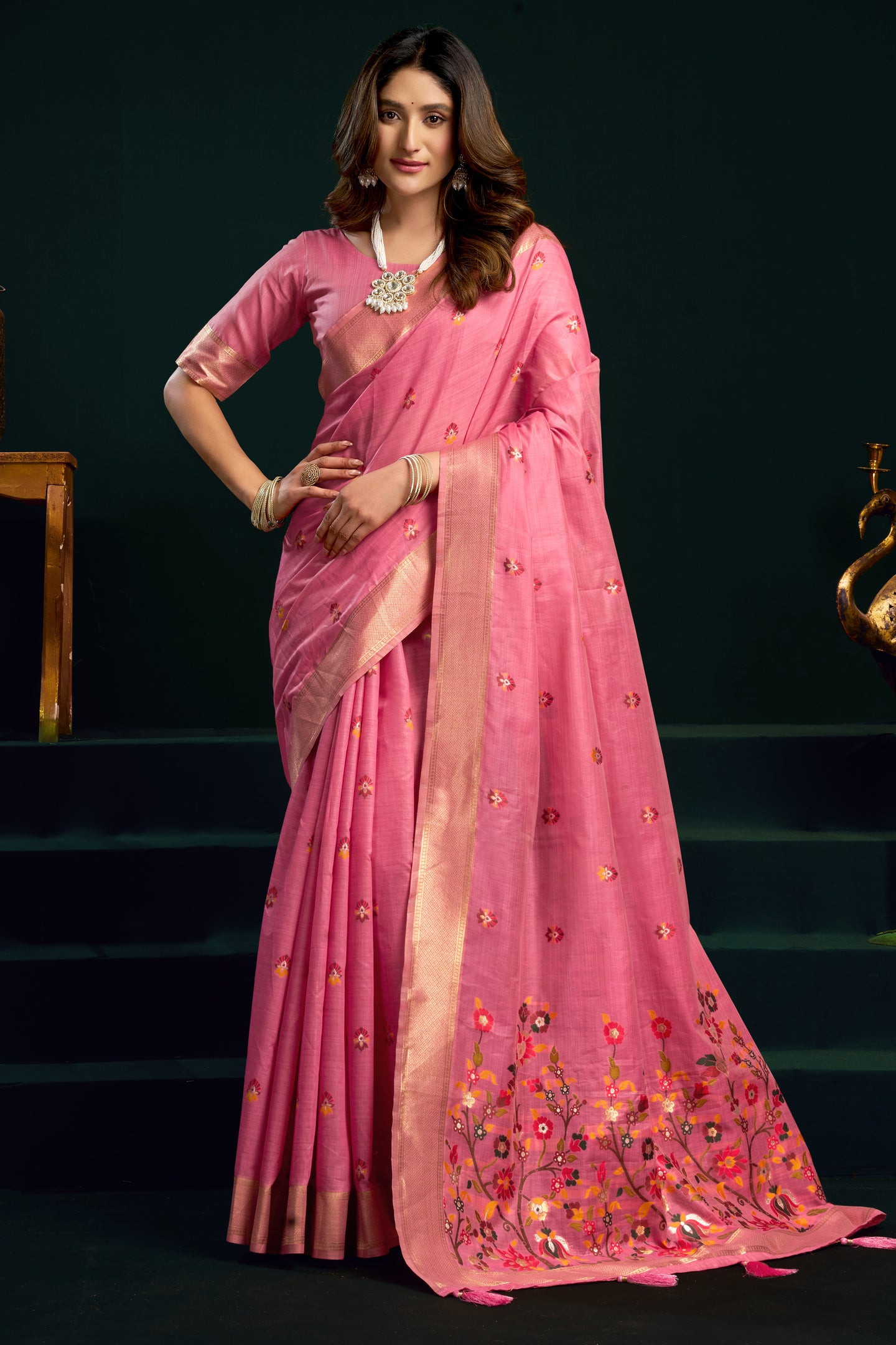 Pink Silk Cotton Saree with Stitched Blouse & Petticoat - Meenakari Work