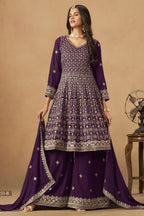 Purple Georgette Plazo Suit For Indian & Pakistani Wedding Festival - Thread & Sequins Embroidery Work