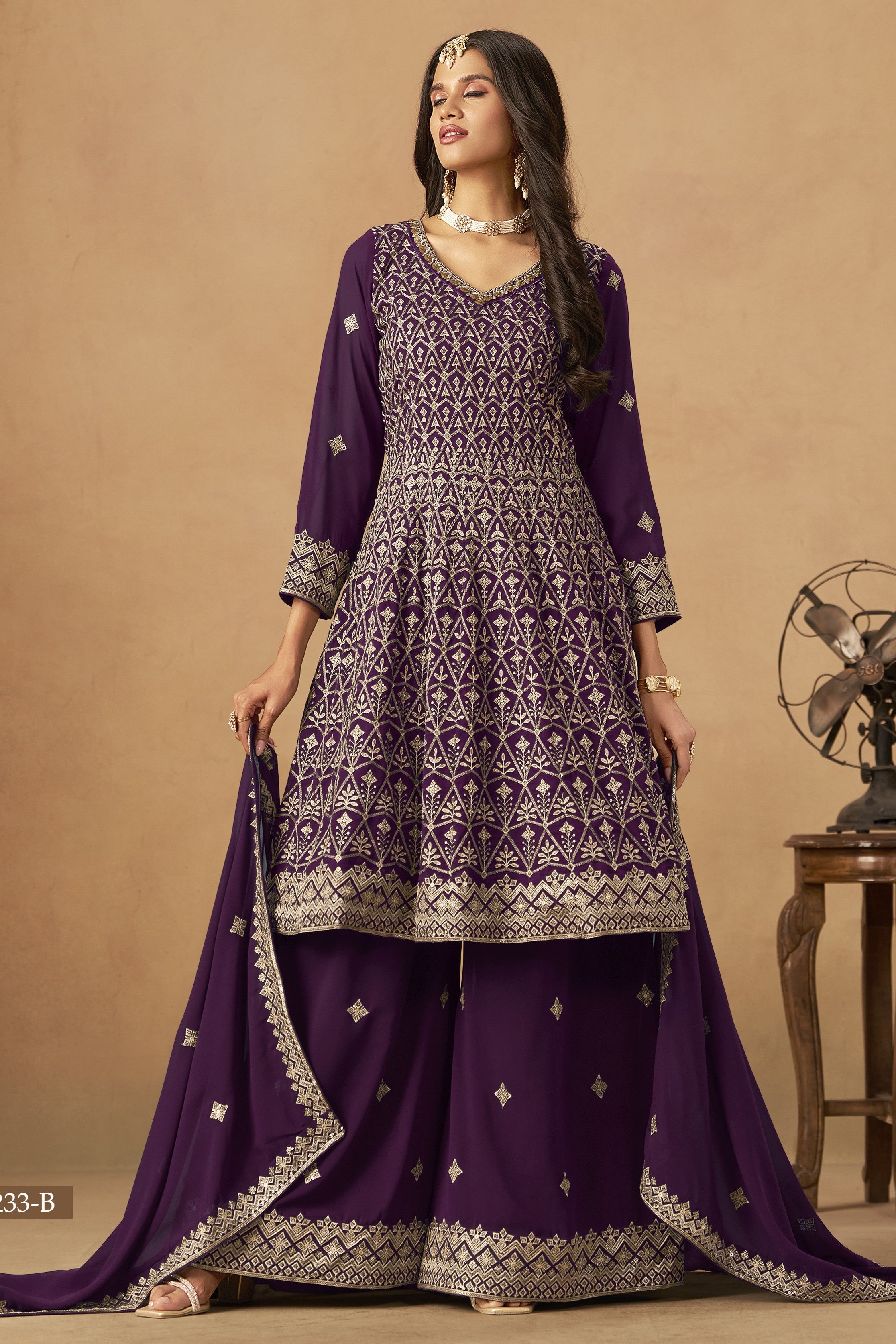 Purple Georgette Plazo Suit For Indian & Pakistani Wedding Festival - Thread & Sequins Embroidery Work
