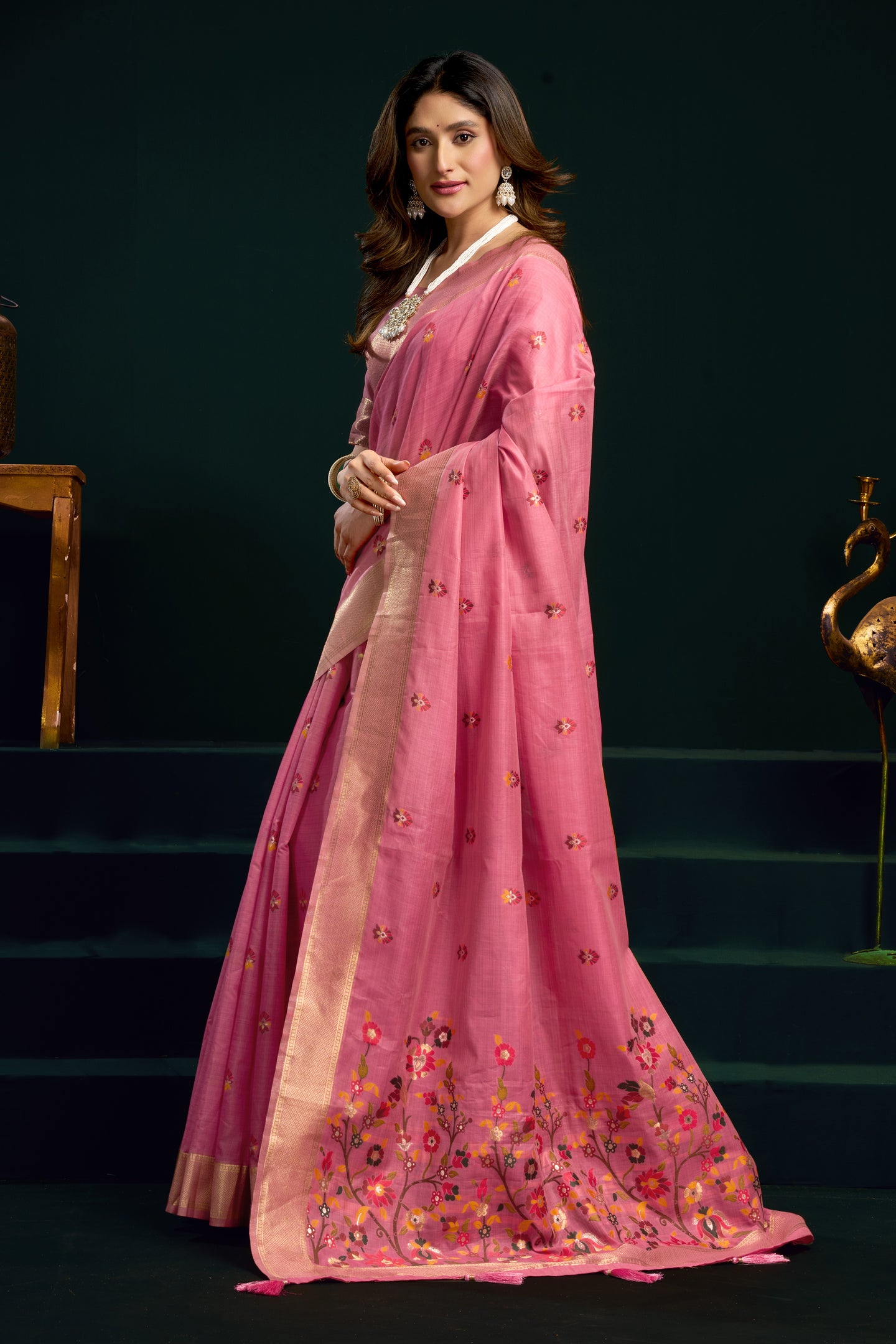 Pink Silk Cotton Saree with Stitched Blouse & Petticoat - Meenakari Work