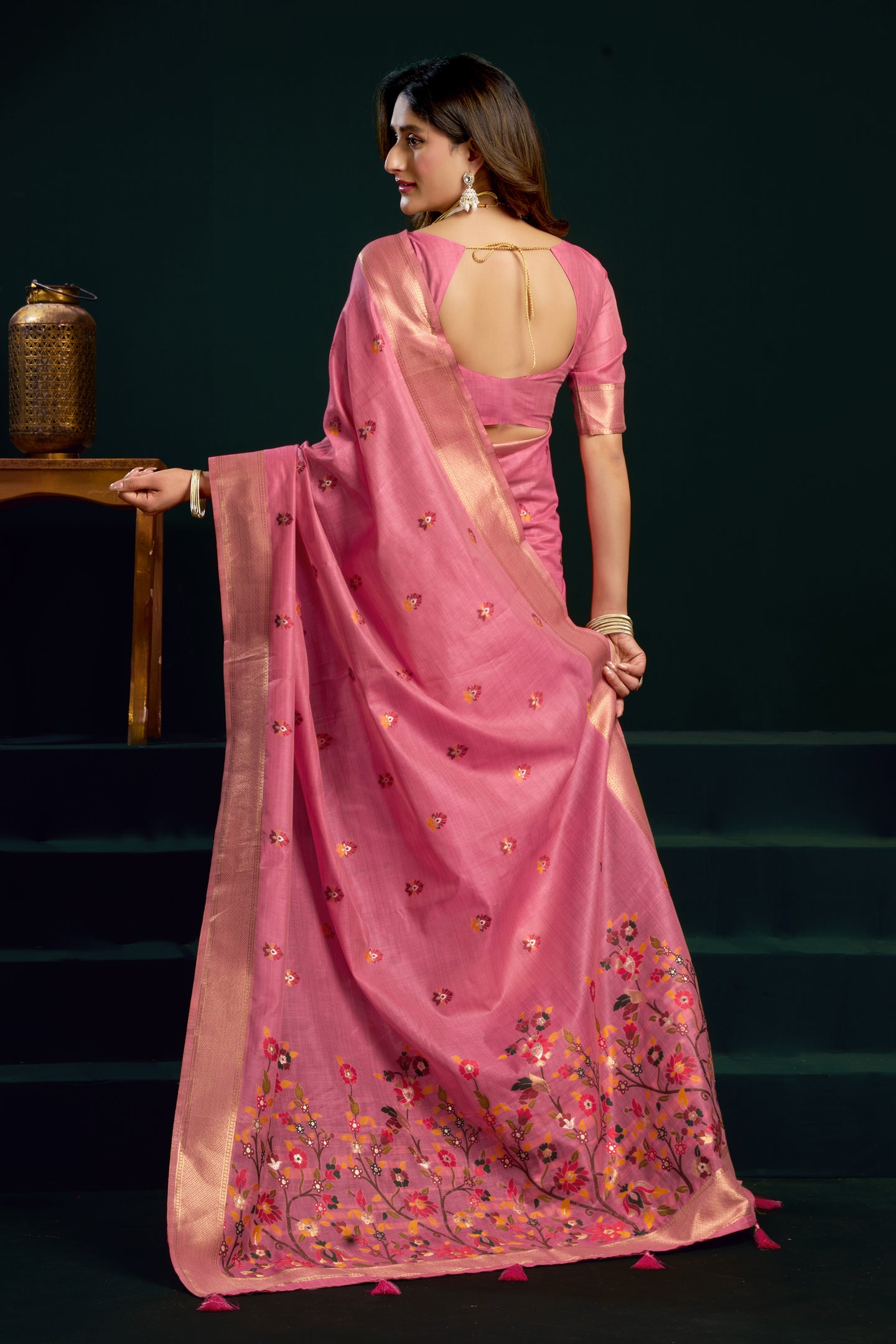 Pink Silk Cotton Saree with Stitched Blouse & Petticoat - Meenakari Work
