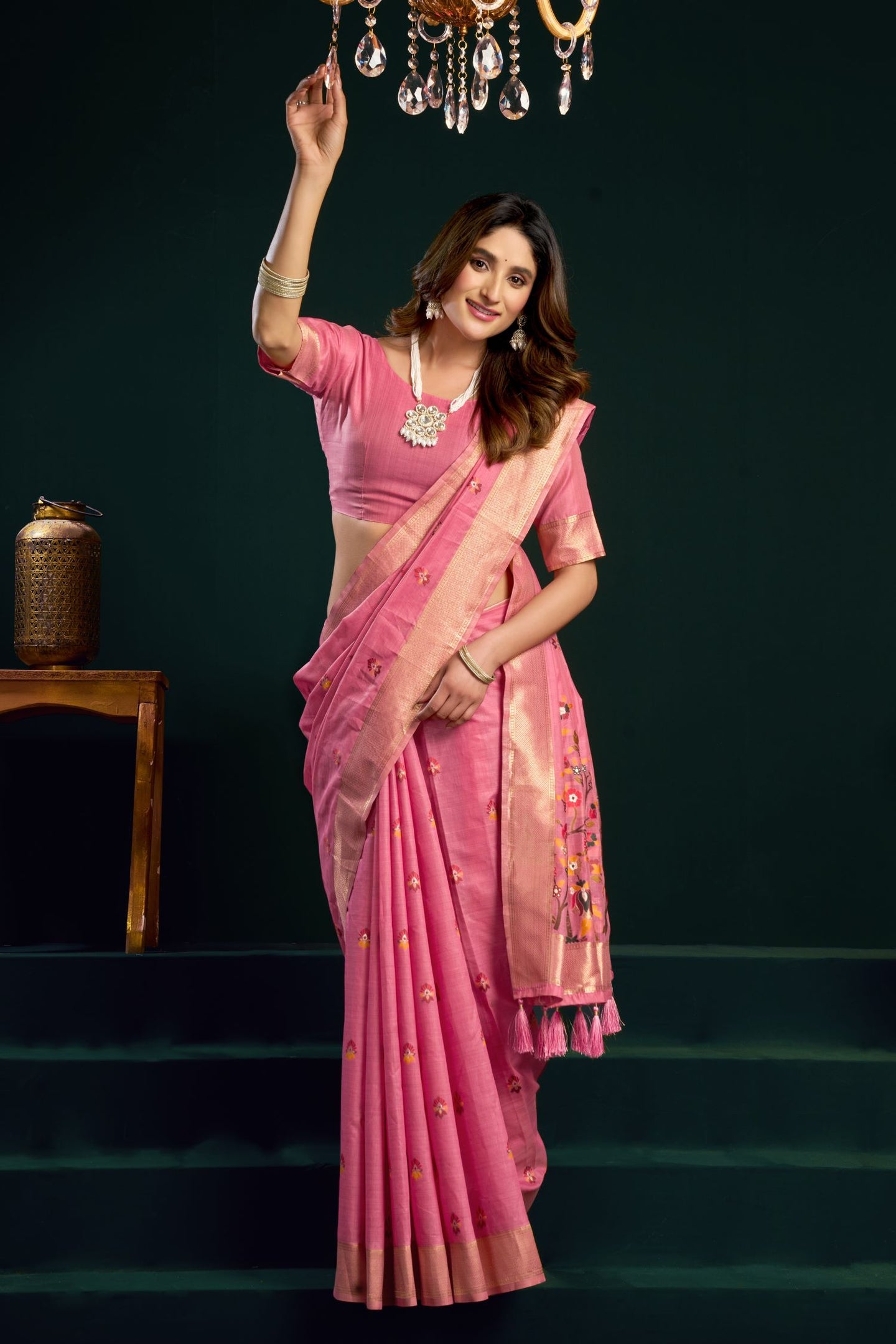Pink Silk Cotton Saree with Stitched Blouse & Petticoat - Meenakari Work