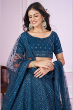 Teal Georgette Lehenga Choli For Indian & Pakistani Wedding Festival - Sequins & Thread Embroidery Work
