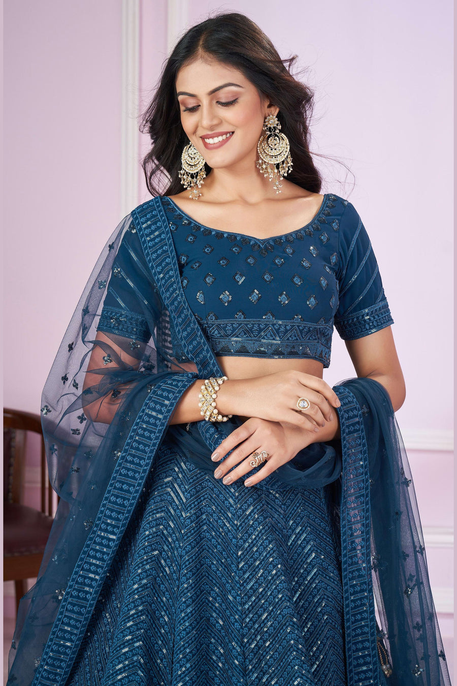 Teal Georgette Lehenga Choli For Indian & Pakistani Wedding Festival - Sequins & Thread Embroidery Work