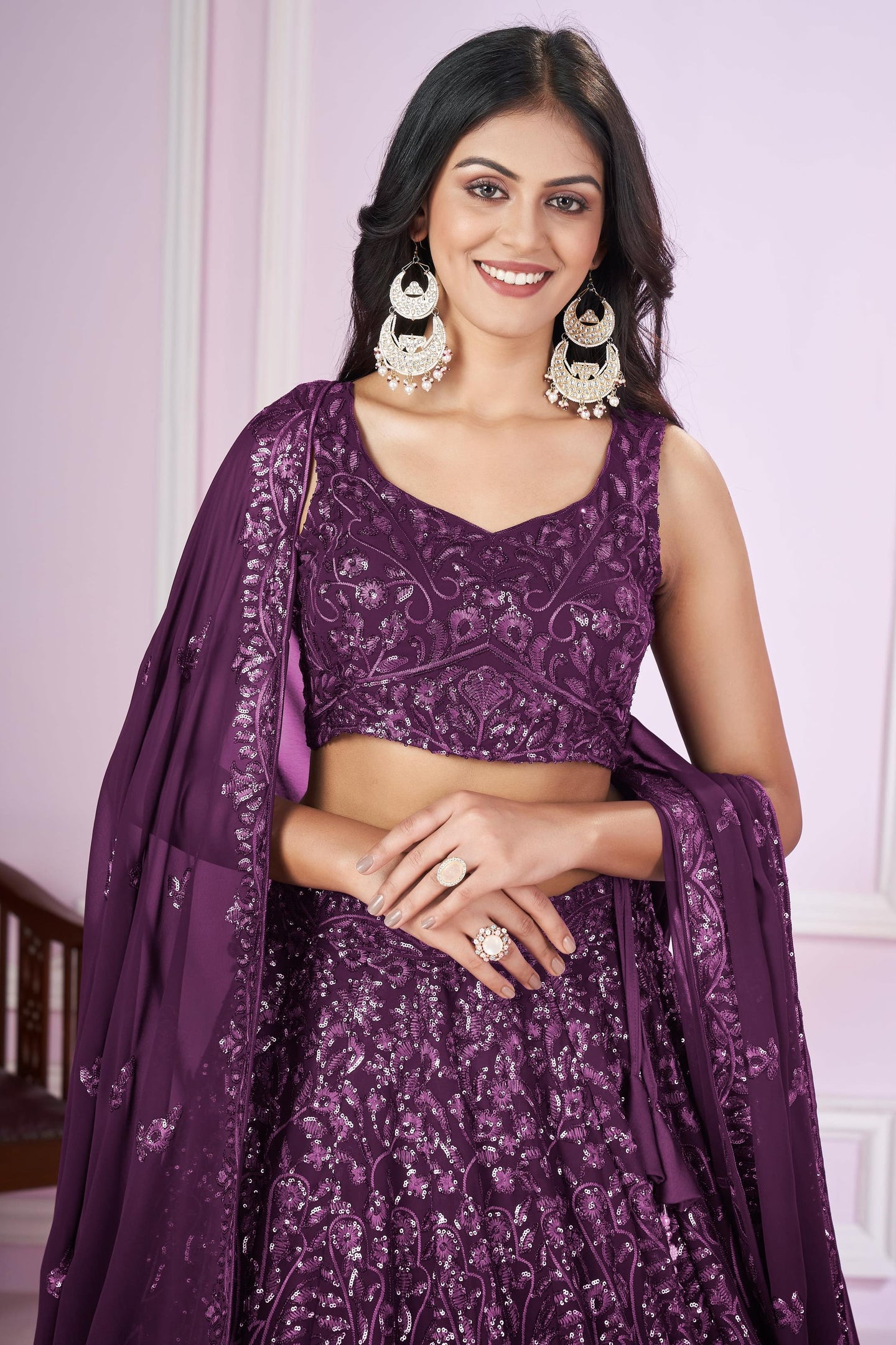 Purple Georgette Lehenga Choli For Indian & Pakistani Wedding Festival - Sequins & Thread Embroidery Work