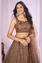 Brown Net Lehenga Choli For Indian & Pakistani Wedding Festival - Sequins & Thread Embroidery Work
