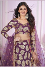 Purple Georgette Lehenga Choli For Indian & Pakistani Wedding Festival - Sequins & Thread Embroidery Work, Zari Work